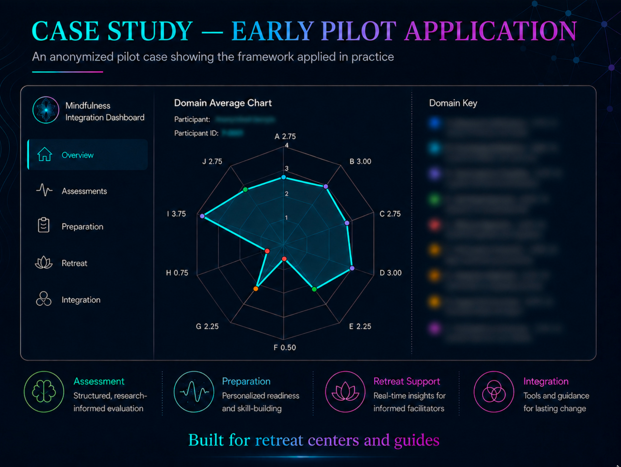Case-study dashboard showing a domain average radar chart, a domain key, and retreat workflow categories.